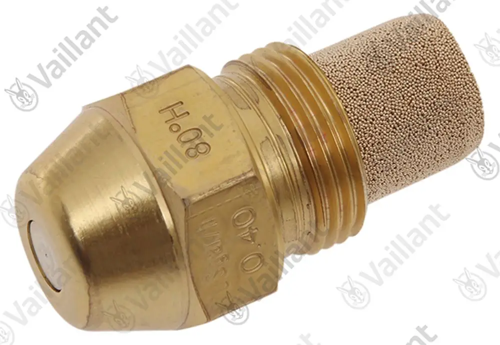 Vaillant Brennerdüse aus Messing mit feiner Stahlfilteröffnung, geeignet für Heizungsanlagen. Komponenten-Design zur optimalen Brennstoffversorgung.